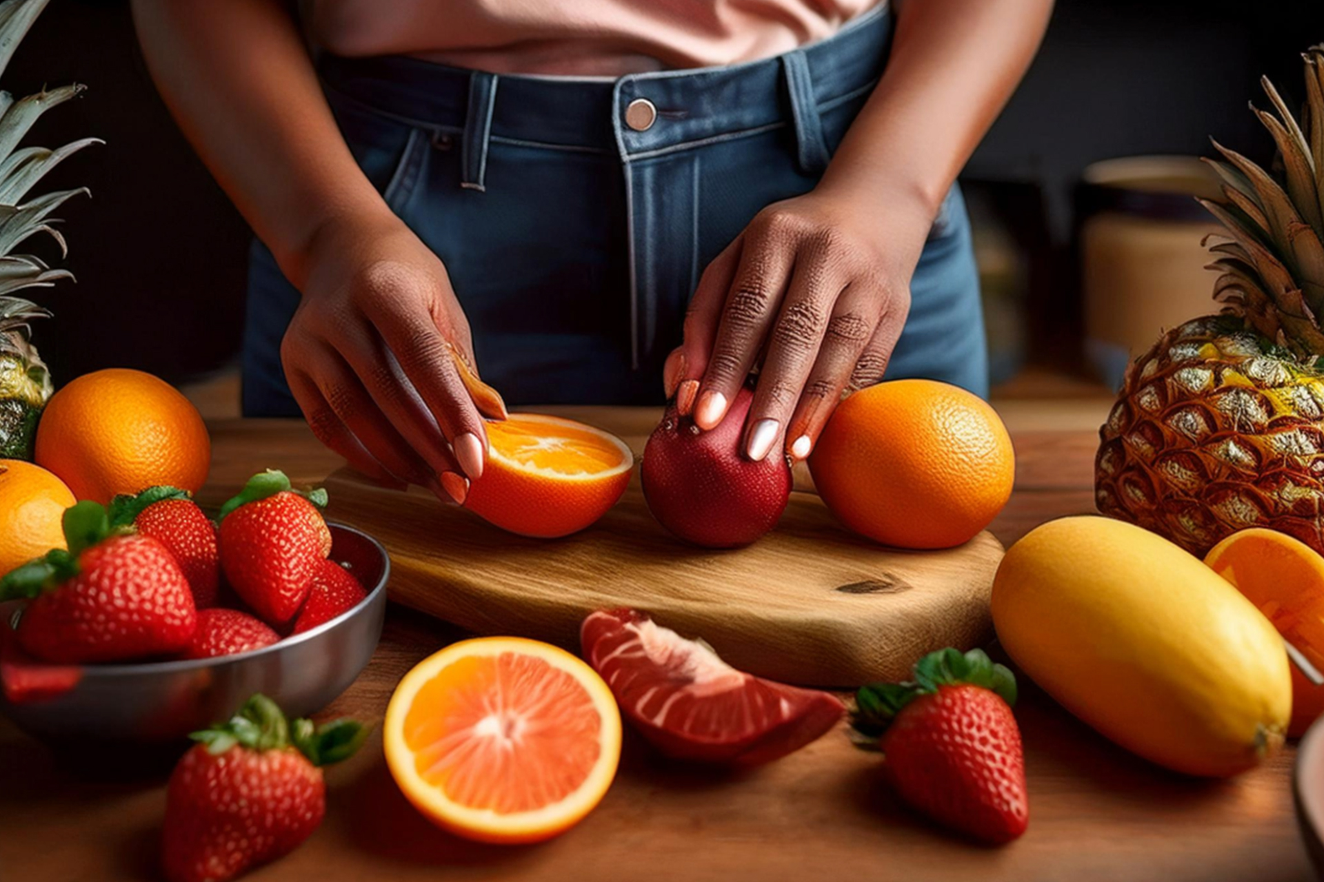 A variety of healthy foods including sliced bread, fresh vegetables, fruits, eggs, milk, nuts, mushrooms, and grains displayed on a white surface, with a glass of water and scattered cereal